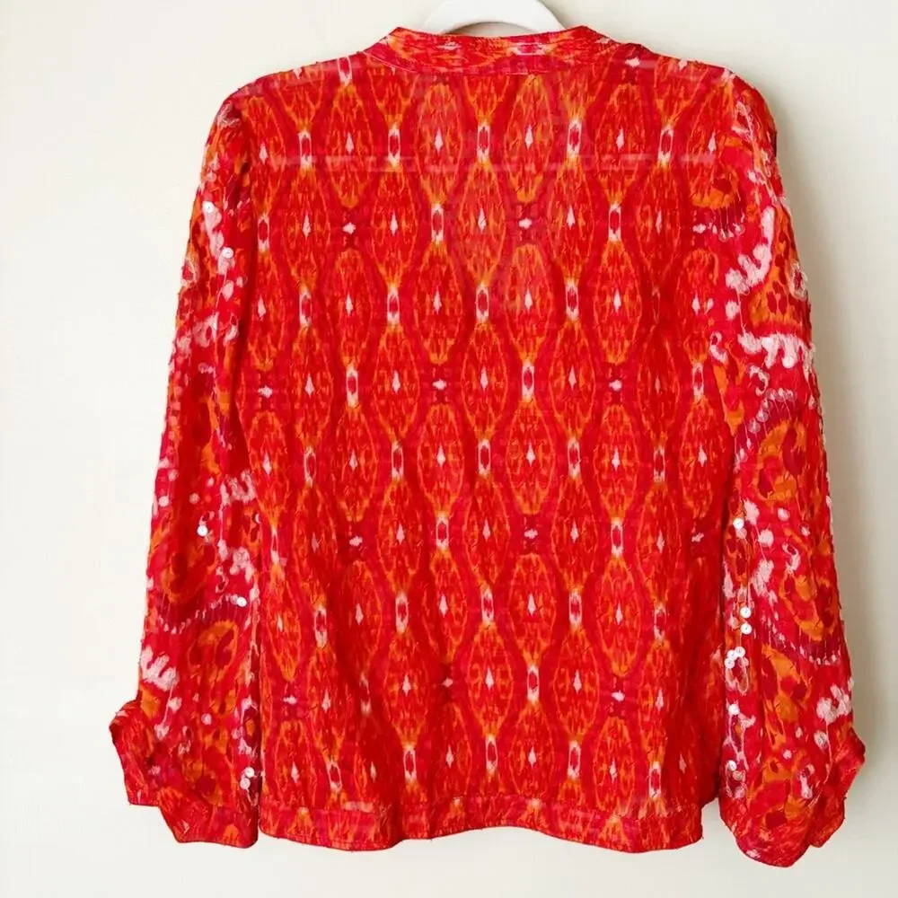 Tory Burch | Stephanie Tunic Top Sequin Embellished Ikat Red Orange Size 2